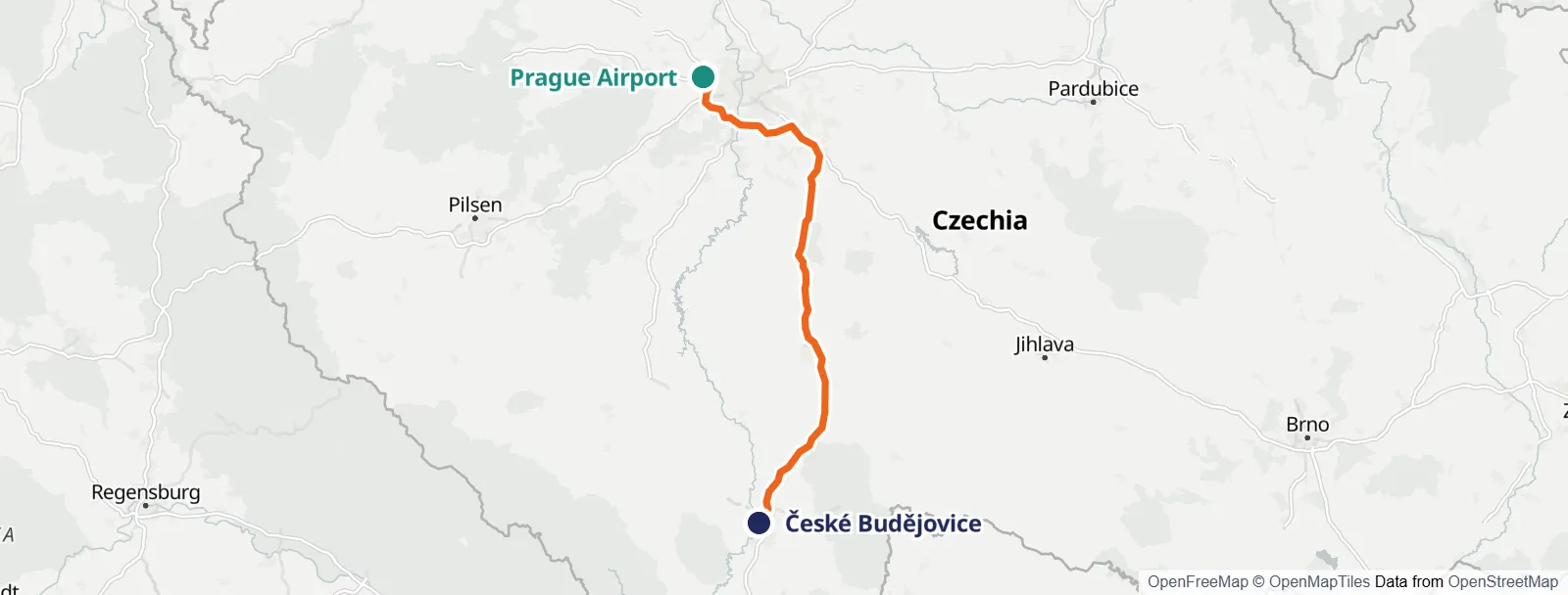 路线地图: Prague Airport – České Budějovice