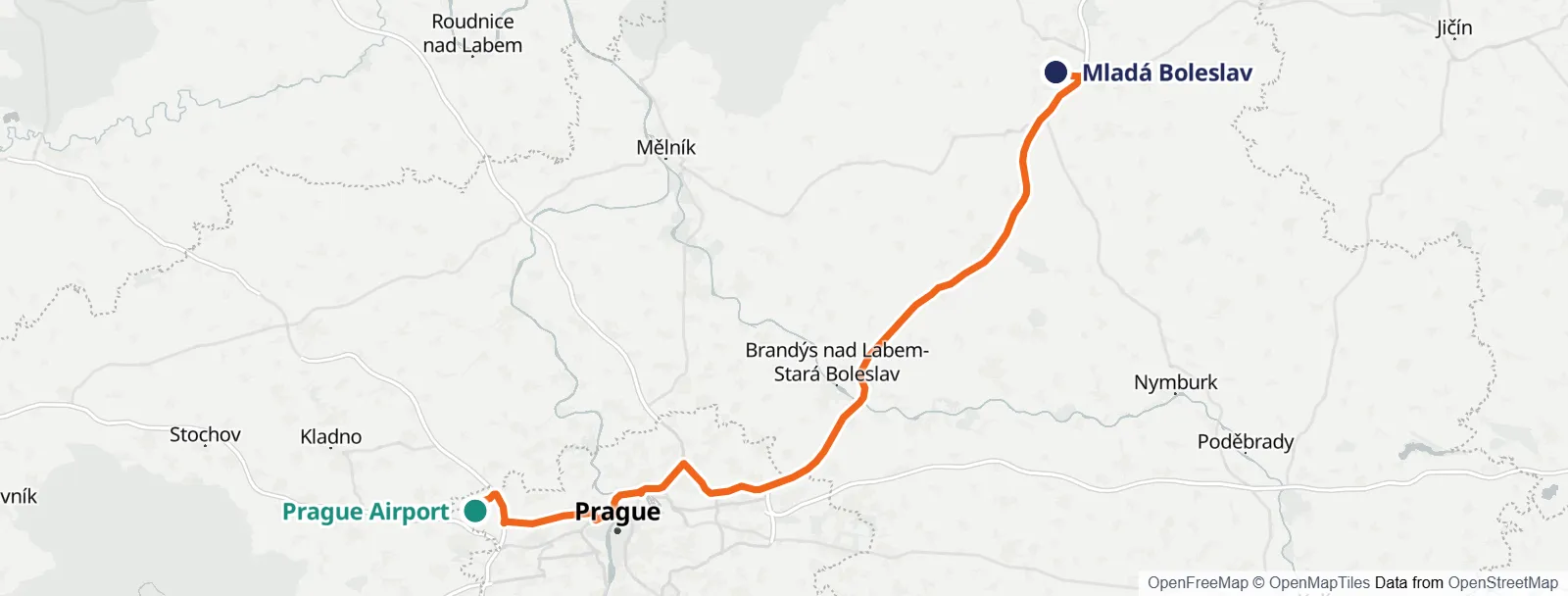 路线地图: Prague Airport – Mladá Boleslav