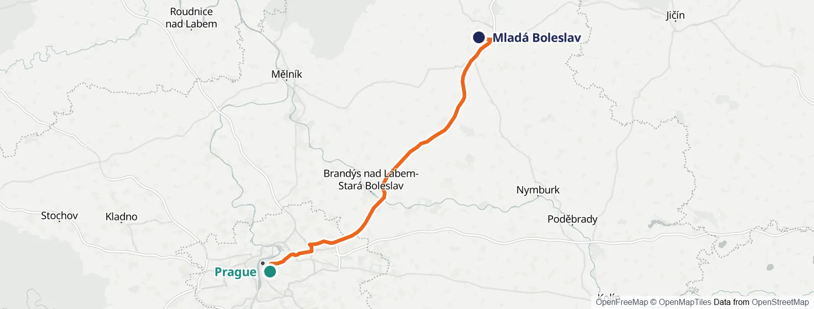 路线地图: Prague – Mladá Boleslav