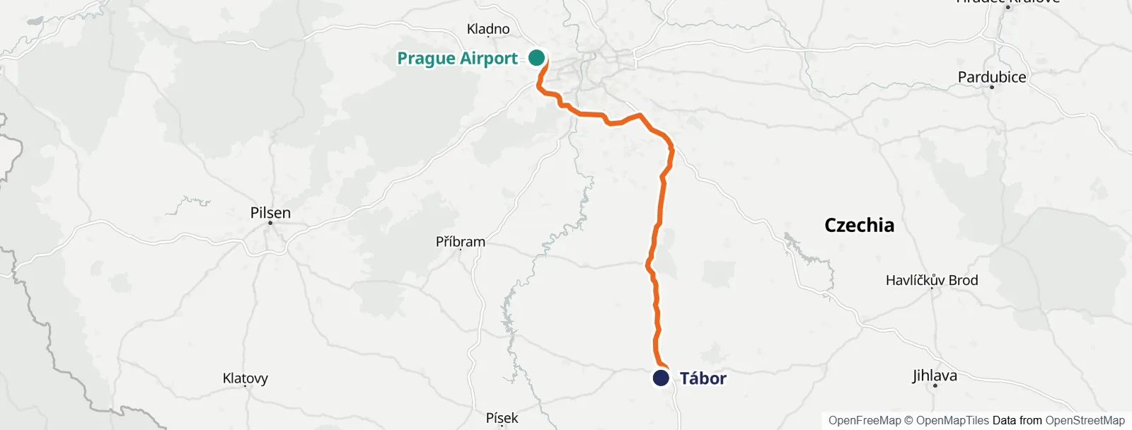 路线地图: Prague Airport – Tábor
